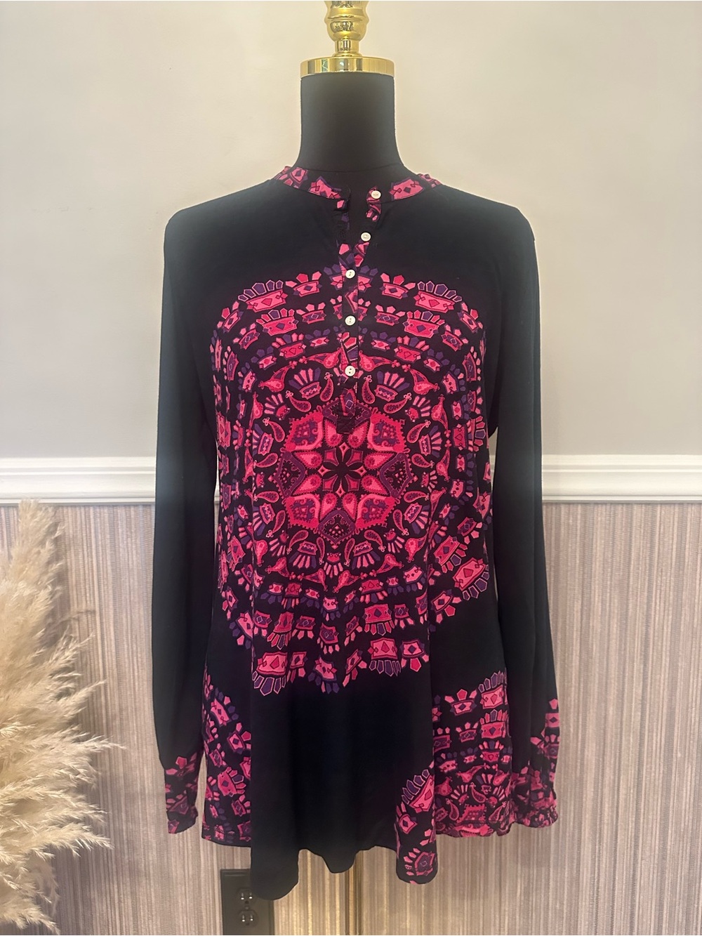 Lucky Brand Mandala‎ Print Tunic Top Women’s Large Boho NWT Pink Black